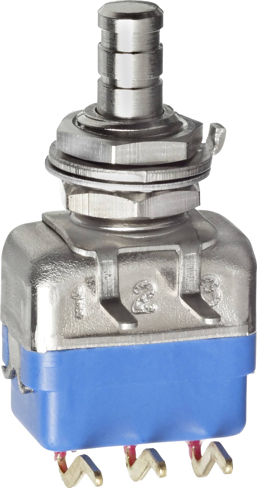 Kovinsko preklopno stikalo s tremi električnimi sponkami, modro bazo in oštevilčenimi oznakami na kovinskem ohišju, uporabljeno za nadzor vezja.