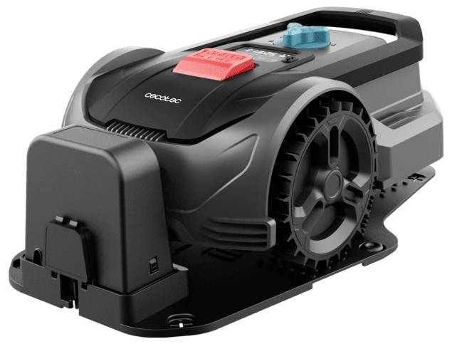 Kompakten, črn robotski kosilec z elegantnim oblikovalskim rešitvijo, z velikimi kolesi in vidno krmilno ploščo s turkiznimi in rdečimi gumbi.