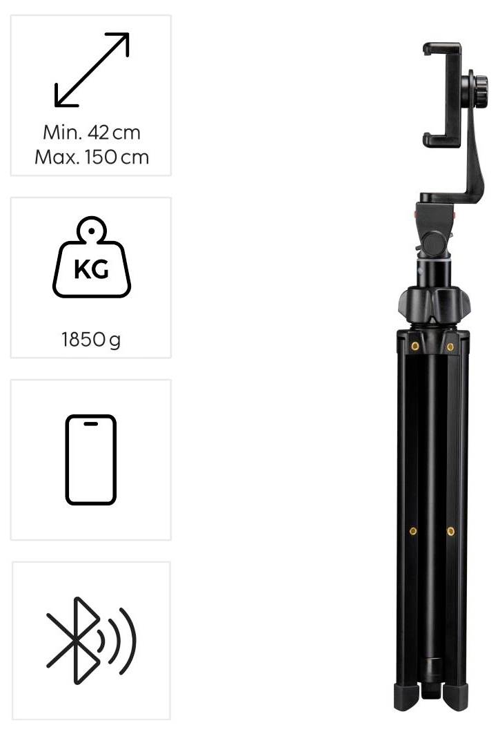 Stativ s držalom za pametni telefon se razširja od 42 cm do 150 cm, tehta 1850 g in ima Bluetooth povezavo.