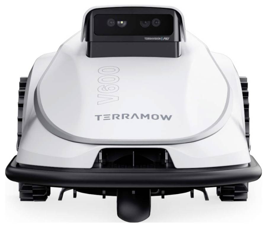 Frontalni pogled na beli robotski kosilnico z oznako "Terramow V600" s senzorji in kamerami na vrhu.