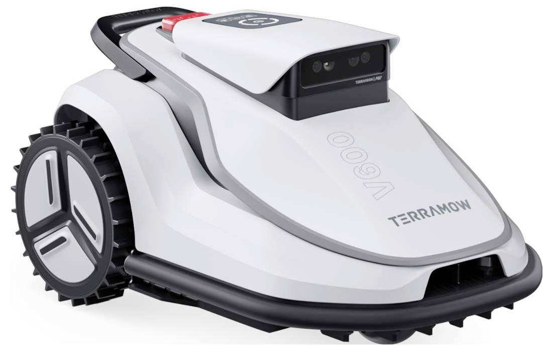 Beli robotski kosec z črnimi detajli, z velikimi kolesi in kompaktnim oblikovanjem označenim z 'V600' in 'TERAMOW'.