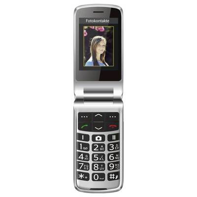 Preklopni telefon s prikazom slike ženske na zaslonu pod »Fotokontakti«. Tipkovnica ima velike, kontrastne gumbe za lažjo uporabo.