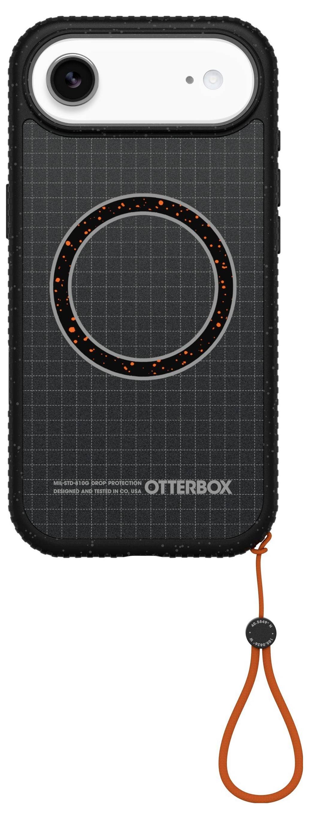 Pametni telefon s črno mrežasto zaščitno torbico podjetja Otterbox, z okroglim oranžnim dizajnom in oranžnim pasom za zapestje.