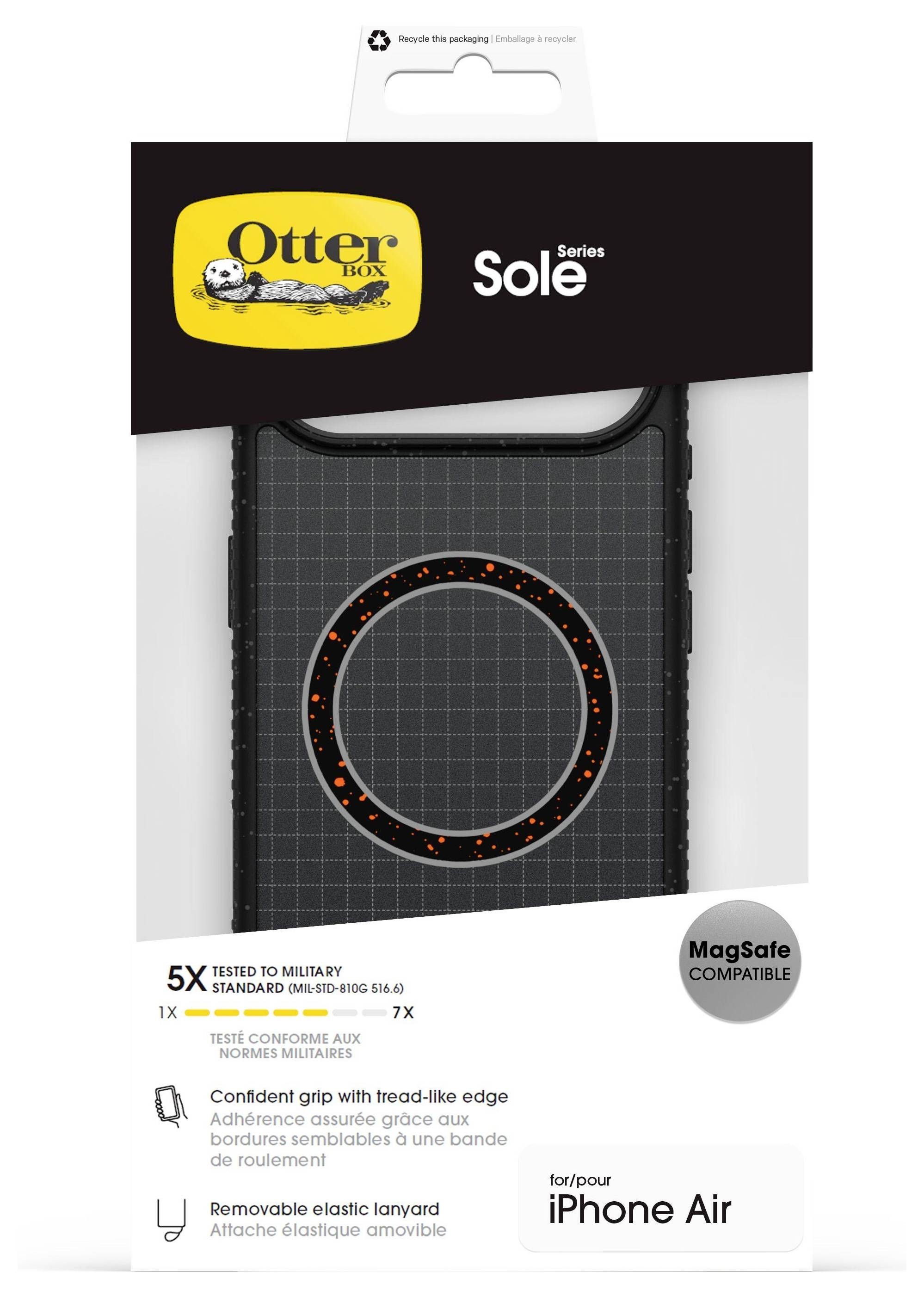 Embalaža za ohišje telefona 'OtterBox Sole Series', kompatibilno z MagSafe, vsebuje besedilo '5X test' in 'iPhone Air'. Vključuje naramnico.