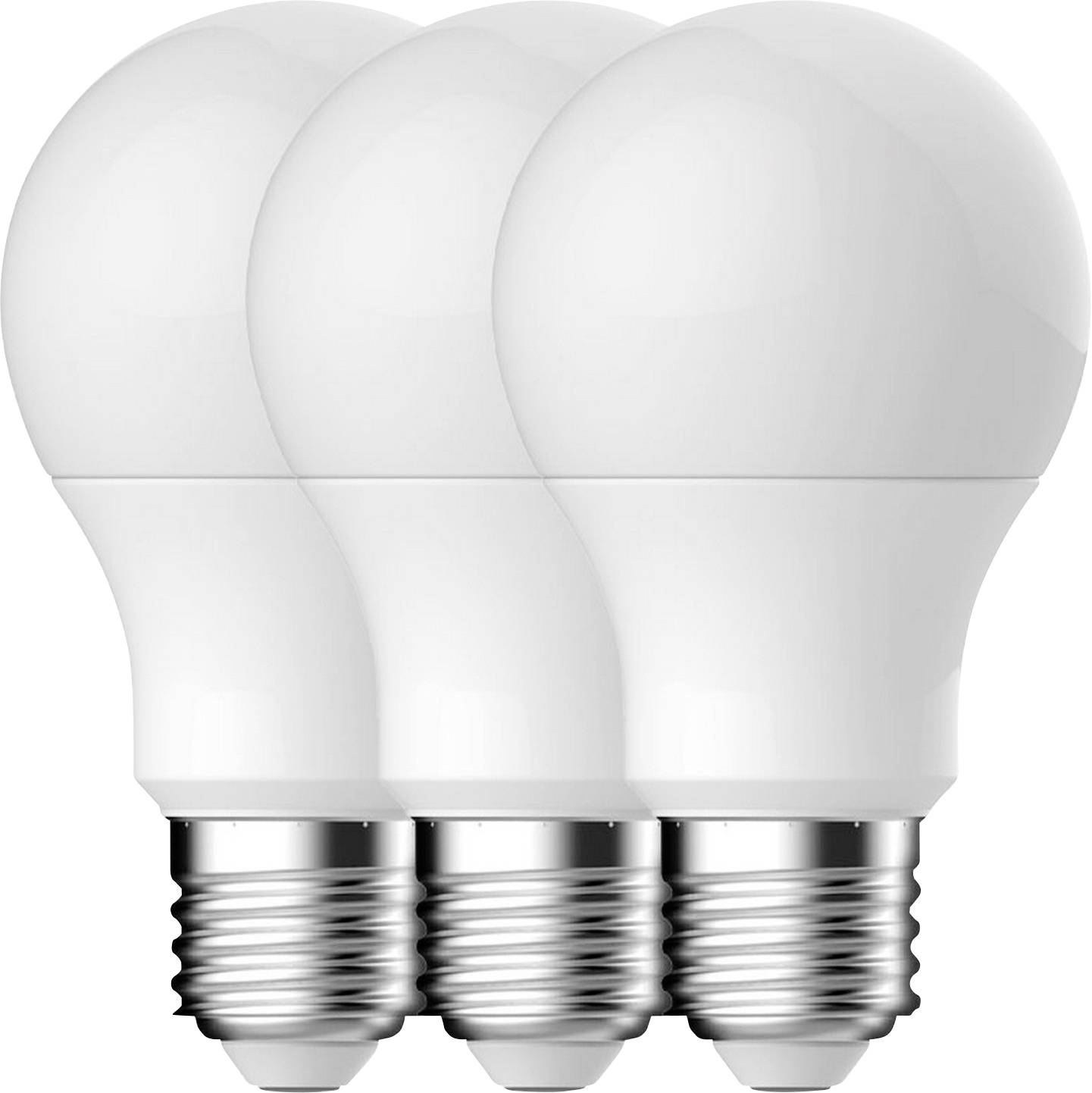 Tri bele LED svetilke v vrsti, vsaka s standardnim E27 navojem.