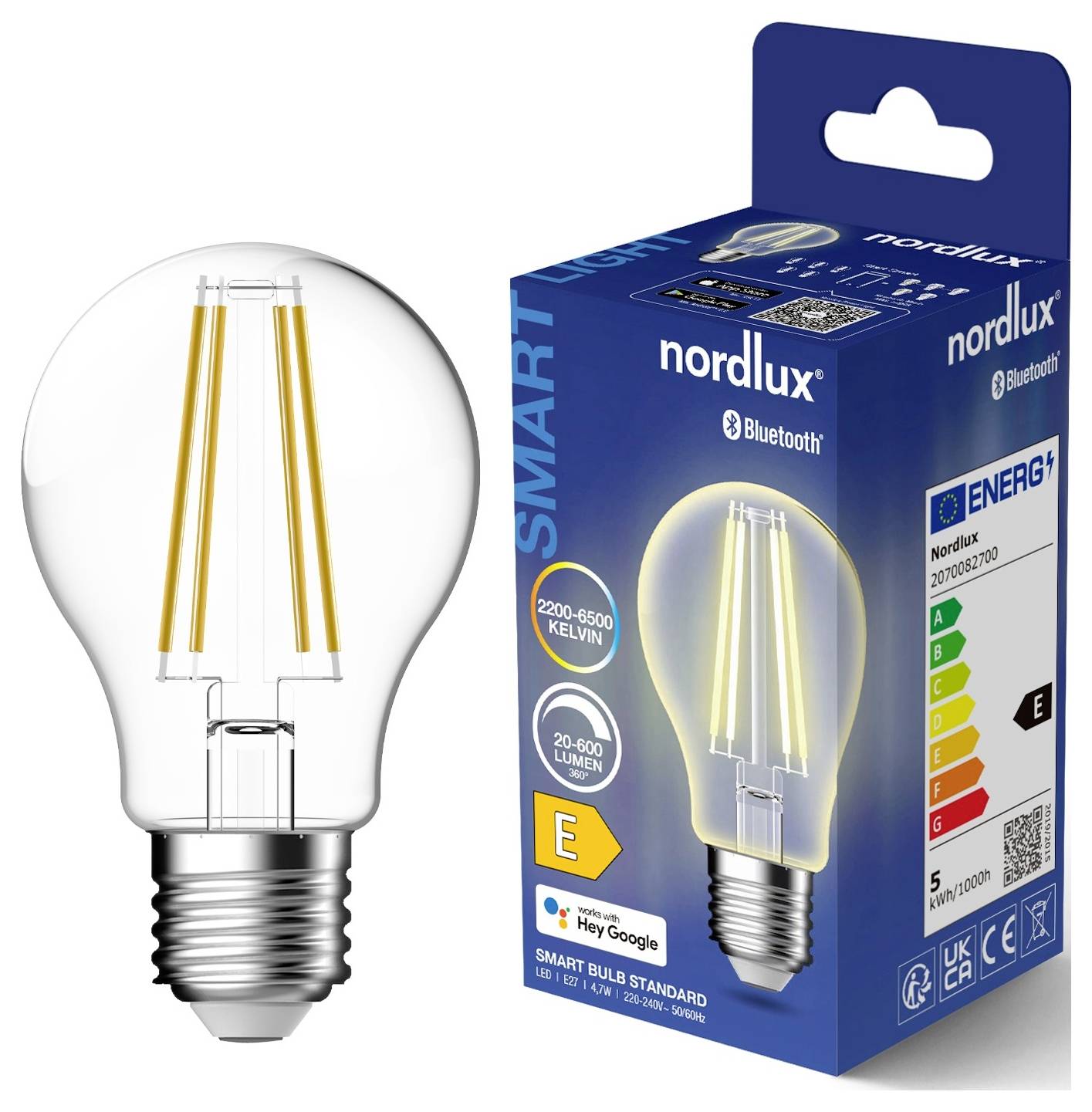 Prikazana sta LED žarnica in njena embalaža. Na škatli je prikazana blagovna znamka "nordlux", oznaka energijske učinkovitosti "E" in združljivost z Bluetoothom.