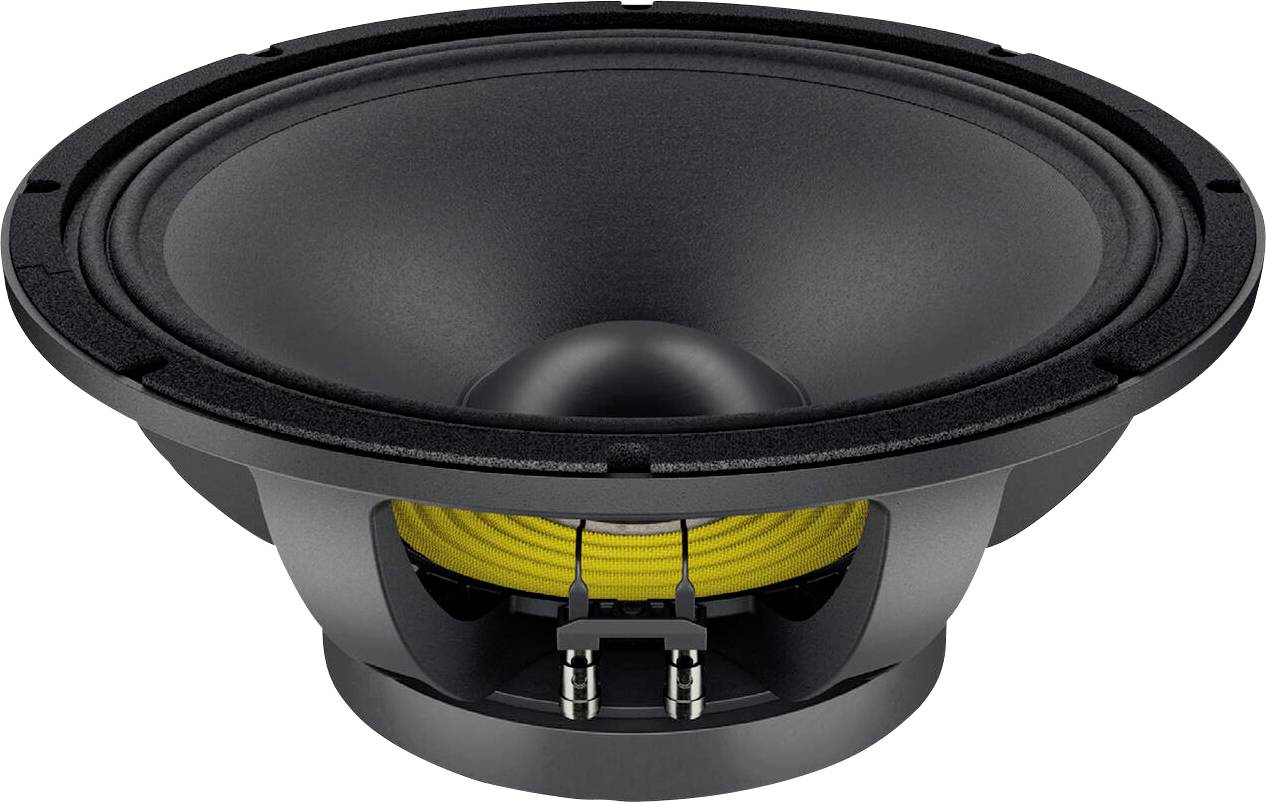 Črni subwoofer zvočnik z rumeno tuljavo, zasnovan za globok basovni zvok, viden s strani, ki prikazuje njegovo krožno strukturo stožca.