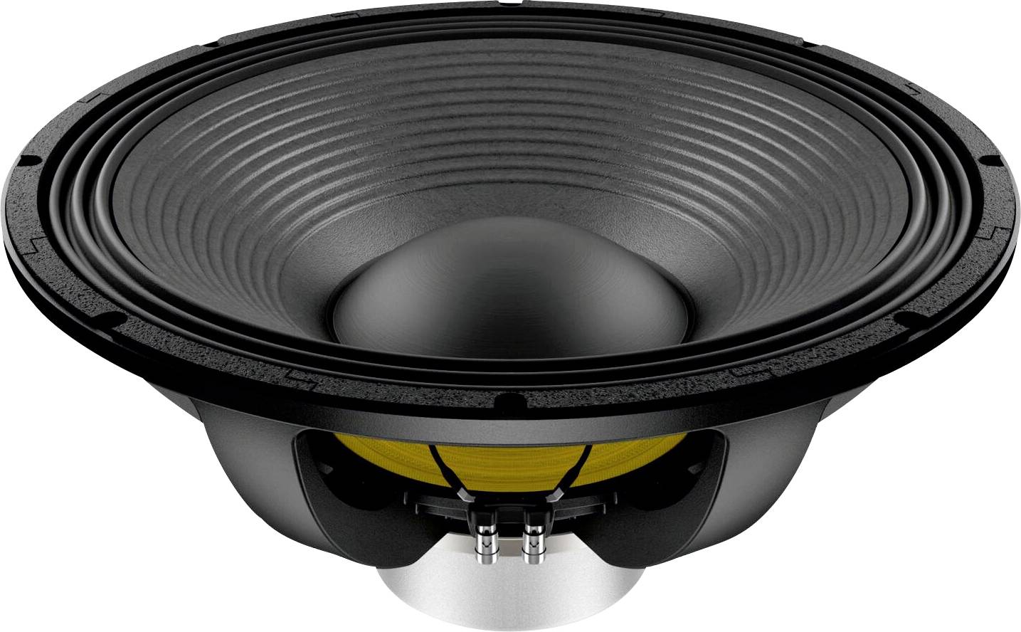 Velika črna zvočna difuzorska čaša z rumeno notranjostjo, pogled od spredaj, ki kaže membrano, vzmetenje in priključne terminale.