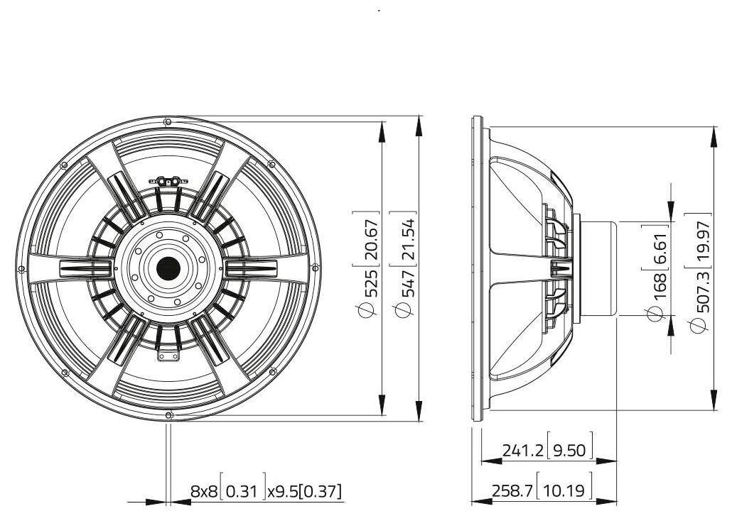 Tehnična risba zvočnika, prikazana sprednja in bočna pogled z dimenzijami. Ključne meritve vključujejo premer in globino.