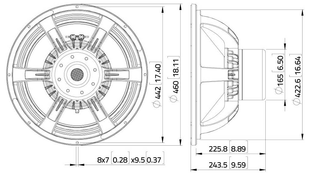 Tehnična risba okroglega govornika s podrobnimi merami, vključno s premerom 460 mm in globino 165 mm. Navedene so dodatne dimenzije in specifikacije.