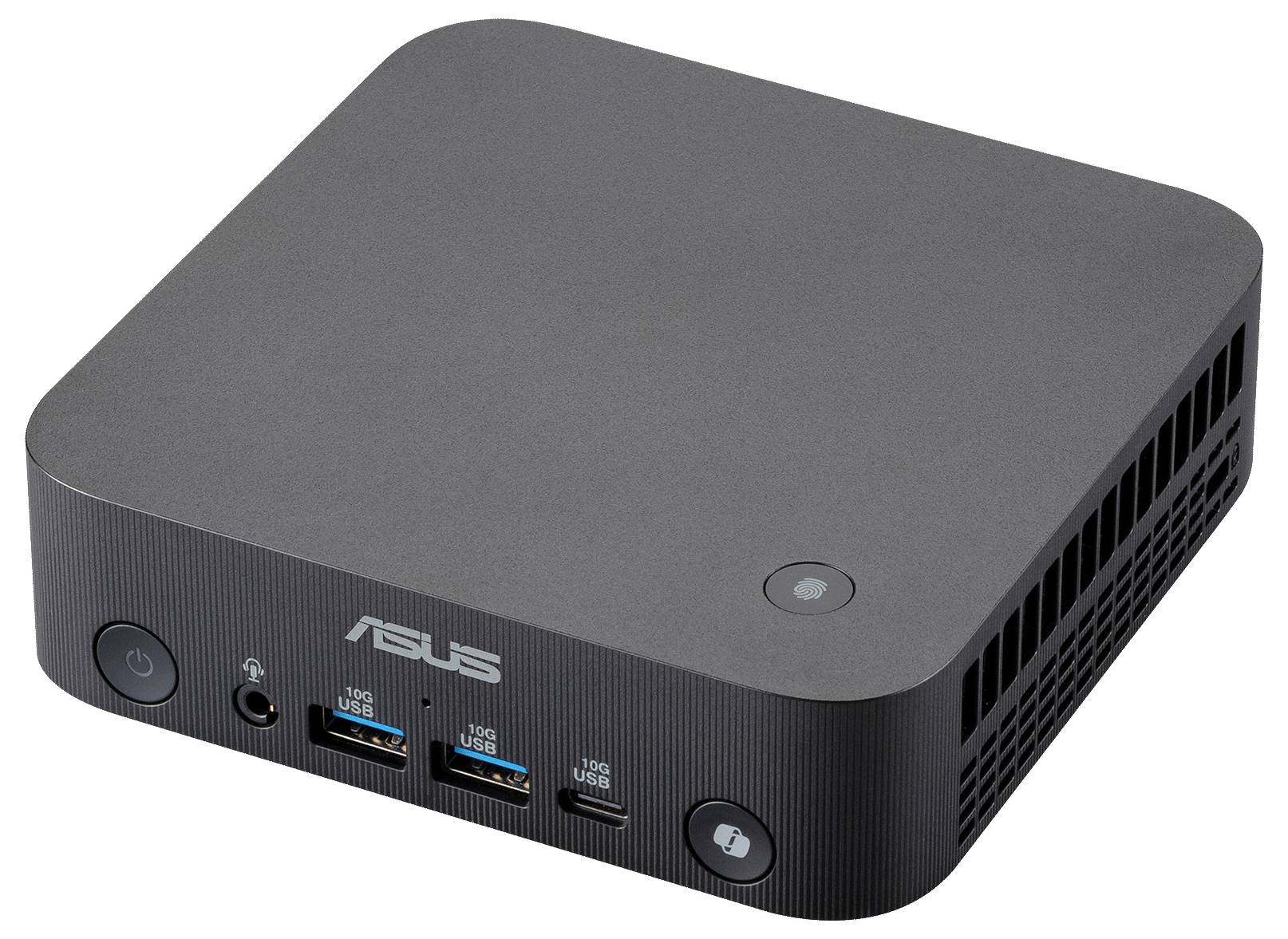 Kompakten ASUS mini računalnik s sprednjim gumbom za napajanje, vrati USB, slušalko in brezžičnim gumbom ikone na sivi ohišju.