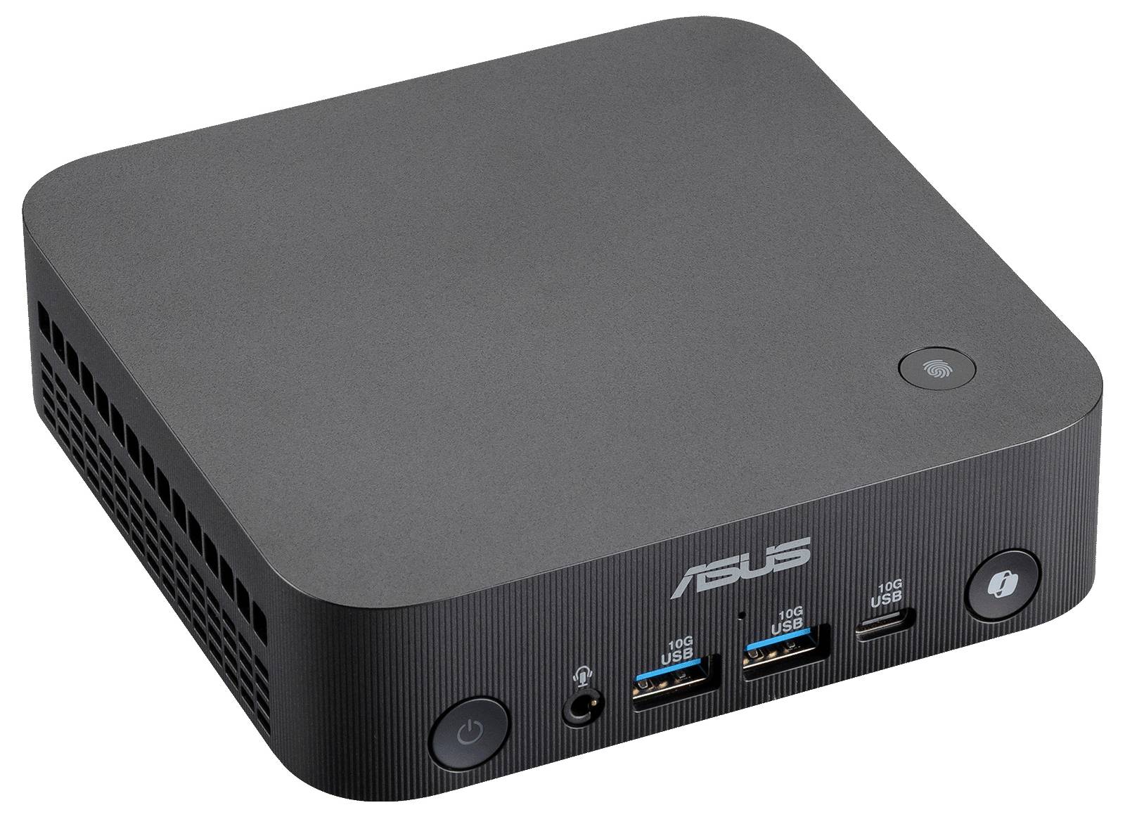 Kompakten črni ASUS mini računalnik s sprednjim gumbom za napajanje, priključkom za zvok, dvema USB priključkoma in prikazovalnim vhodom