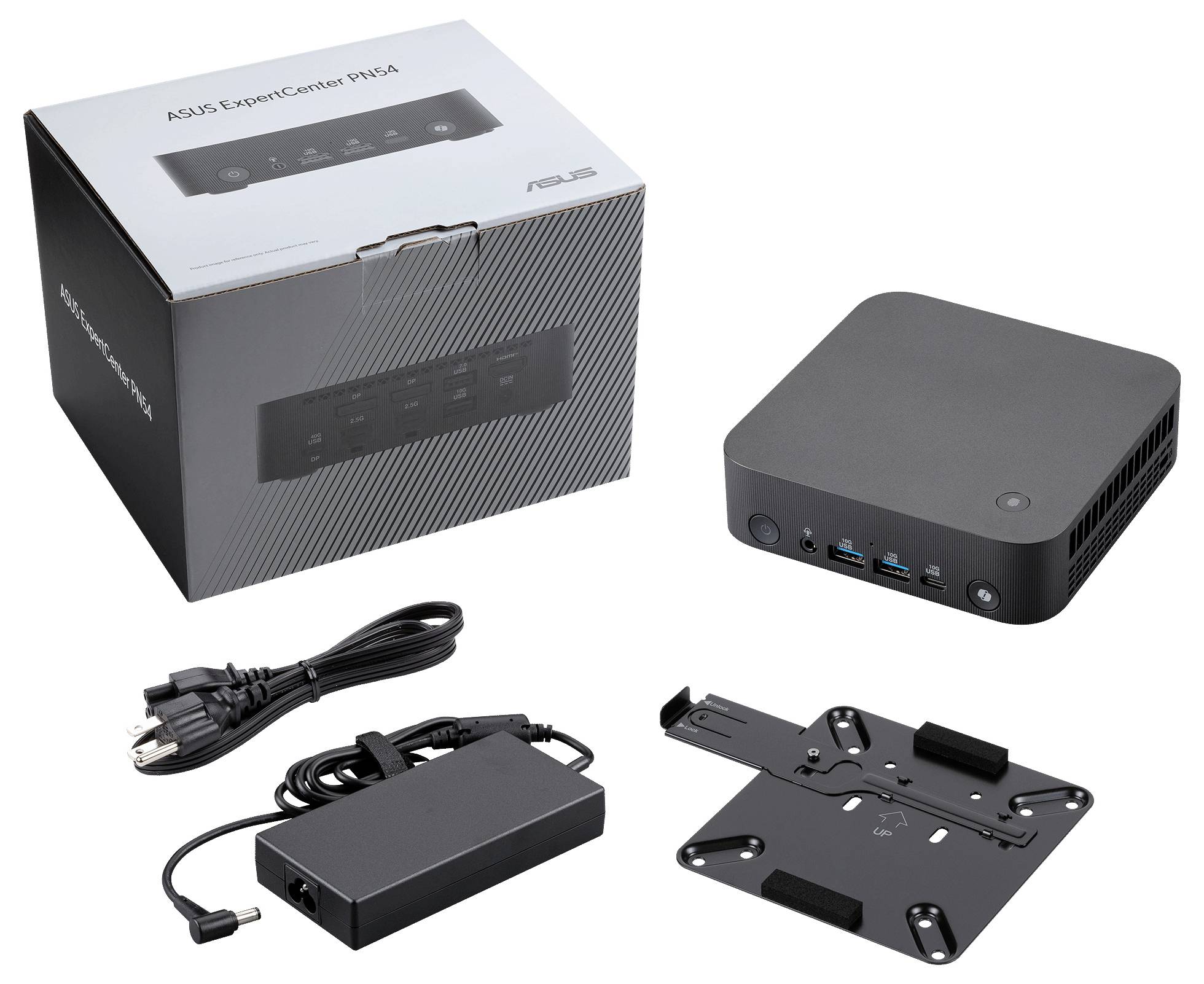 ASUS ExpertCenter PN4 mini PC paket, prikazan z maloprodajno škatlo, napajalnim adapterjem in kablom ter VESA nastavkom za montažo.