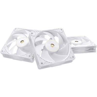Beli računalniški hladilni ventilatorji razporejeni pod različnimi koti, prikazujoči njihov eleganten dizajn in več lopatic, postavljeni na belem ozadju.