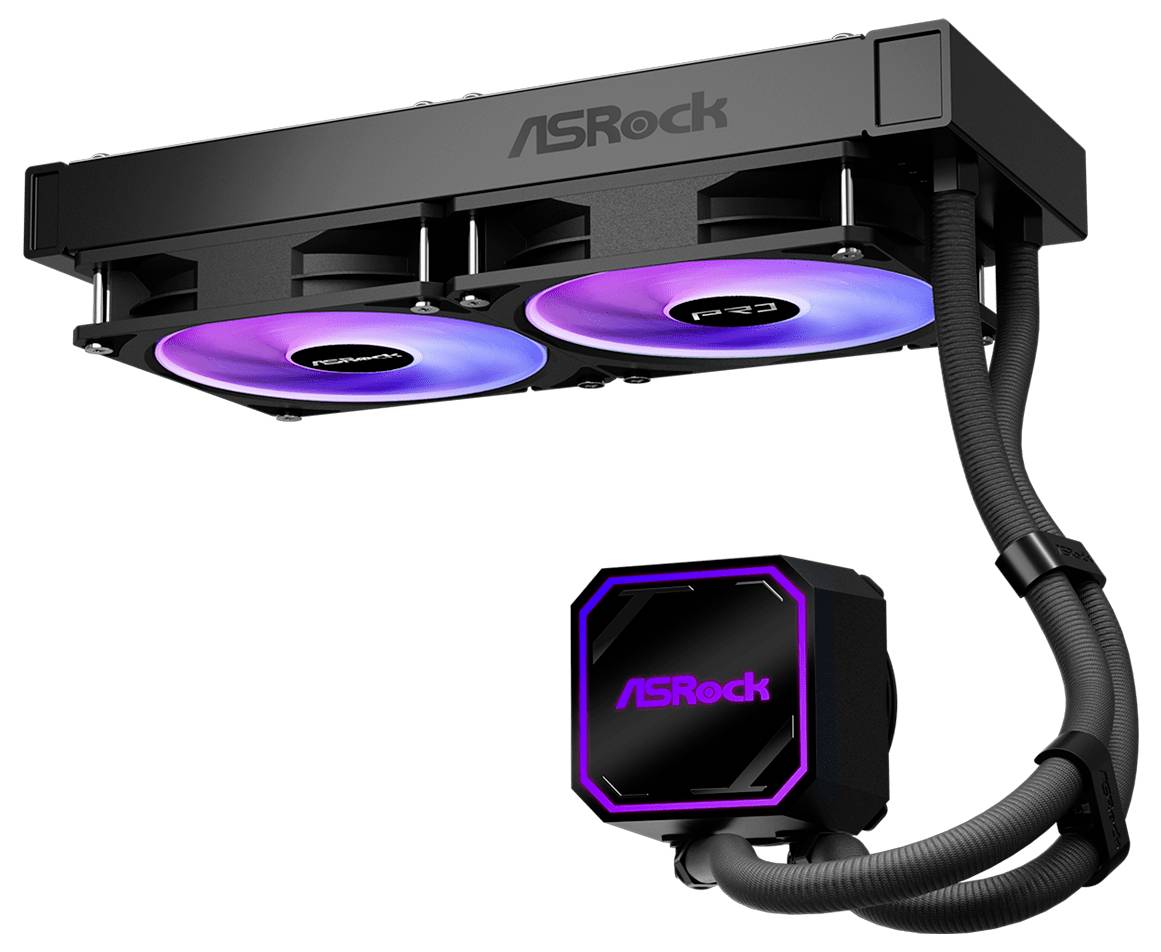ASRock tekoči hladilnik za procesor z двojno RGB osvetljenima ventilatorjema in kvadratnim črpalnim blokom, povezanim s pletenim cevkama.