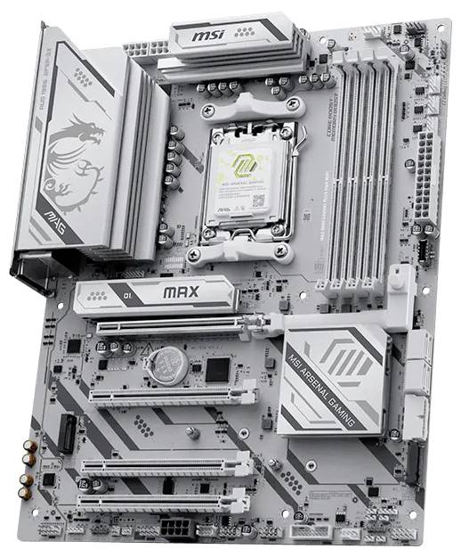 Siva matična plošča MSI z več reženj za RAM, režnje PCIe in označena kot 'MAG Arsenal Gaming', s kačjo logotipom.