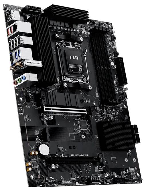 Črna matična plošča MSI PRO s podnožjo za procesor, reži za RAM, režo PCIe, hladilniki in zadnjimi I/O vrati prikazani na belem ozadju.
