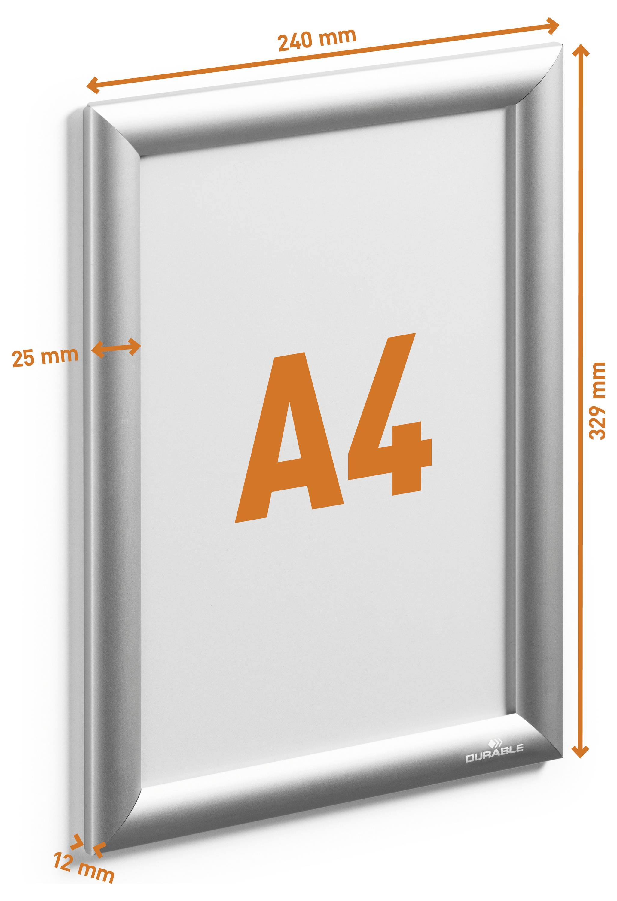 Srebrni okvir prikazuje papir A4 z navedenih dimenzij 240 mm krat 329 mm in globino 12 mm, označeno z oranžnimi puščicami.