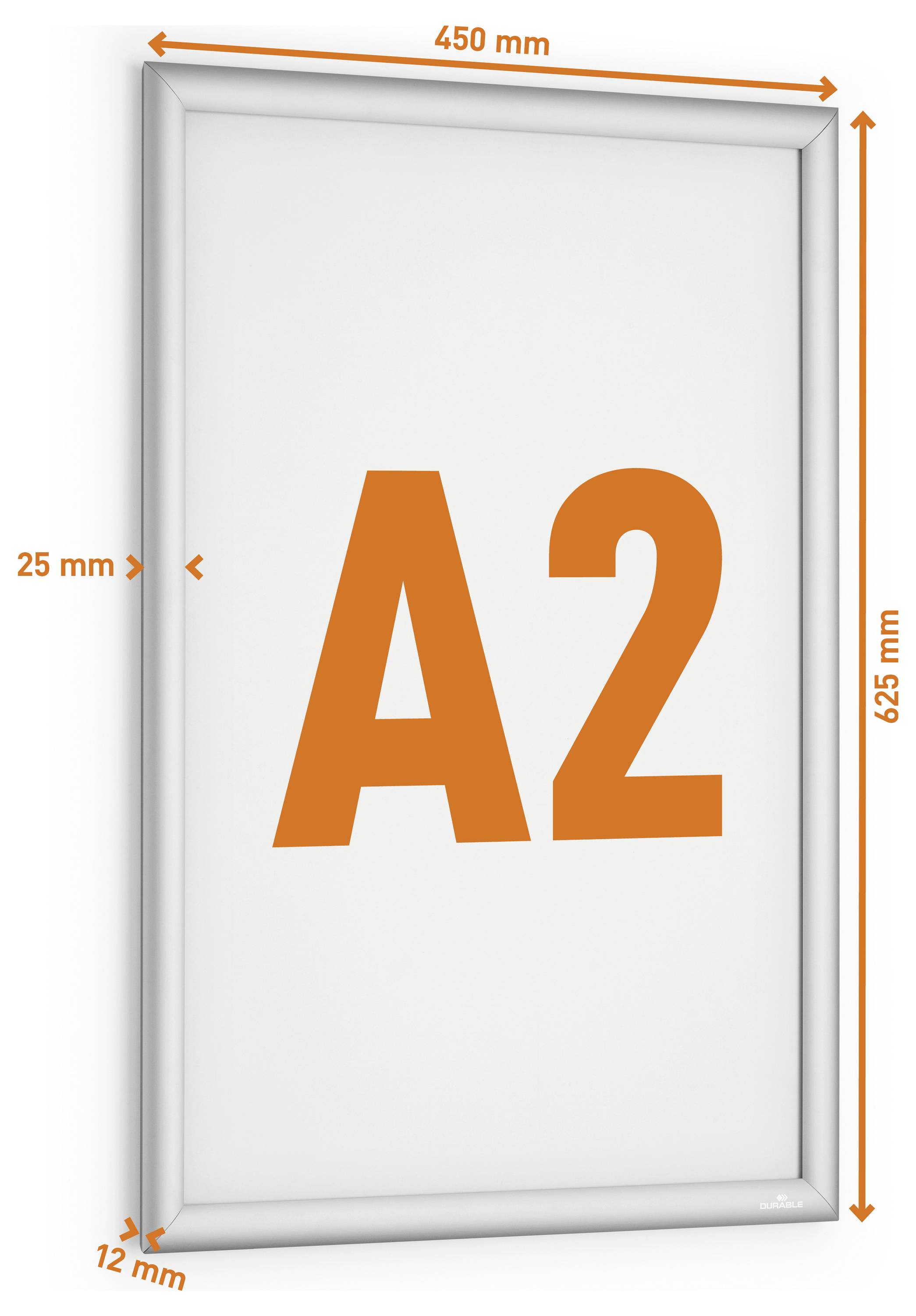 Okvir za plakat z 'A2' v oranžnem besedilu. Dimenzije: 450 mm širine, 625 mm višine, 25 mm debeline okvira, 12 mm globine.