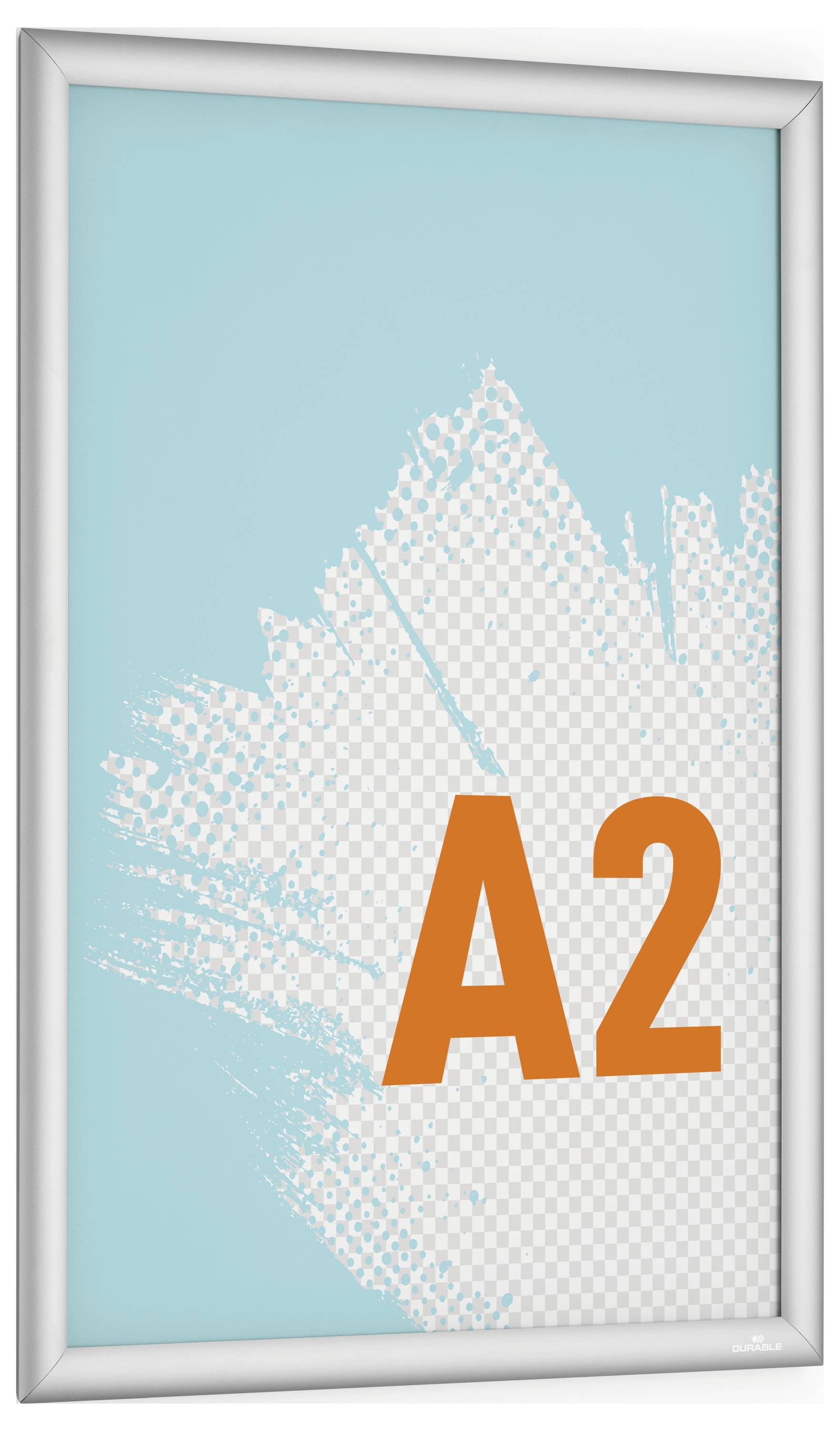 Okvirjen plakat z modro barvo ozadja, z oranžnim besedilom »A2« in dizajnom belega poteza barve, ki se diagonalno razteza čez plakat.