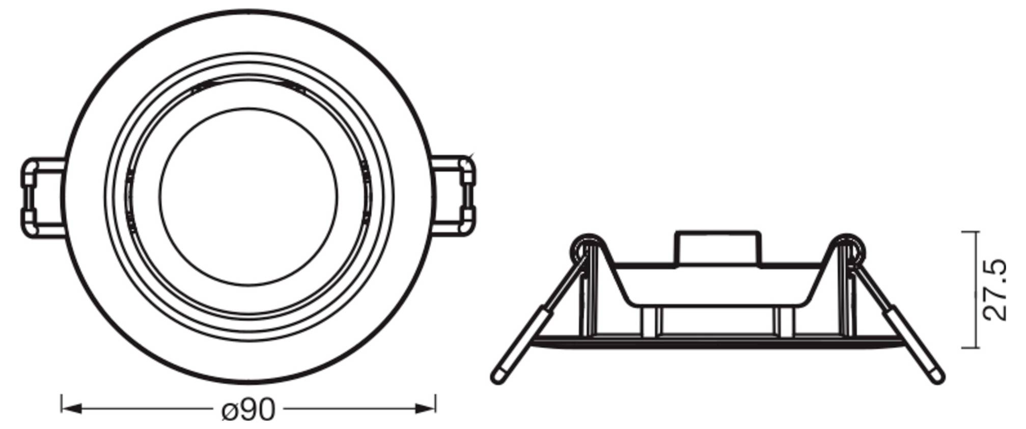 'Tehnični diagram vgrajenega spotnika. Prikazuje sprednji in stranski pogled s premerom 90 mm in višino 27,5 mm.'