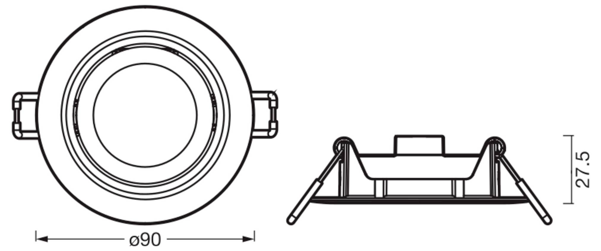 Diagram okroglega vgrajnega svetlobnega telesa s prikazom pogled od zgoraj in pogled s strani. Premer je 90 mm, višina je 27,5 mm.
