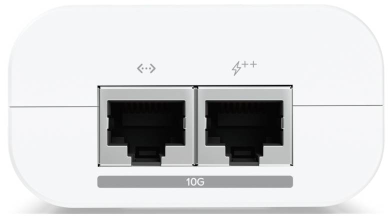 Mrežni adapter z dvema vrati Ethernet, označenima z "10G". Levo vrata imajo mrežno ikono, desna vrata pa imajo ikono za napajanje.