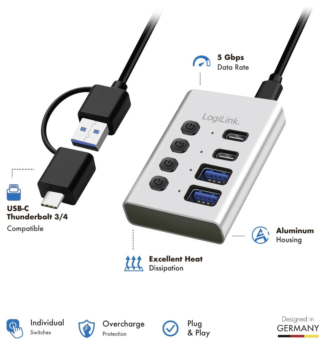 LogiLink USB-C Thunderbolt 3/4 hub z 5 Gbps hitrostjo prenosa podatkov, aluminijastim ohišjem, odvajanjem toplote, zaščito pred preobremenjenjem in plug-and-play podporo.