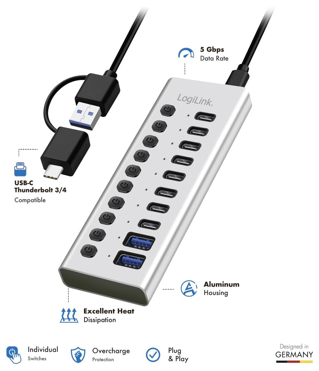LogiLink USB-C razdelilnik z več vrati USB in dvema vratoma USB-C, hitrost prenosa podatkov 5 Gbps, združljiv s Thunderbolt 3/4, ohišje iz aluminija, plug-and-play.