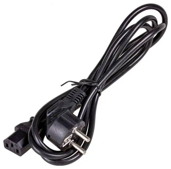 Črn kabel za napajanje z evropskim vtičem in konektorjem C13, namenjen za priključevanje naprav na električne vtičnice.
