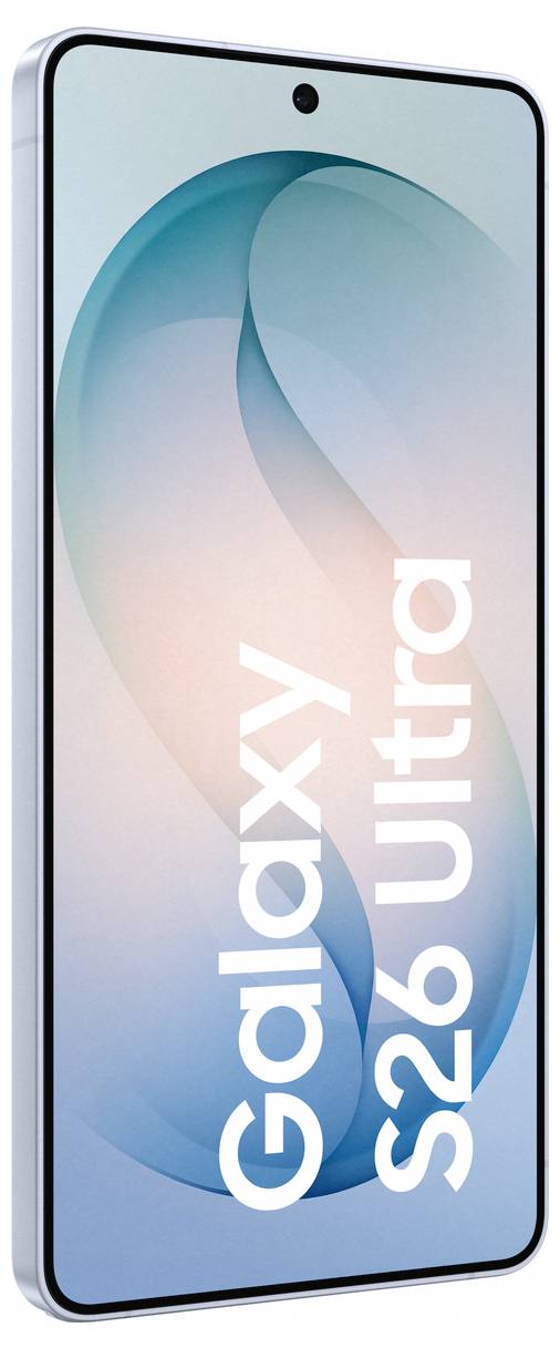 Pametni telefon z velikim zaslonom, ki prikazuje abstraktno modro-zeleno umetnost. Ime modela »Galaxy S26 Ultra« je natisnjeno v beli barvi na zaslonu.