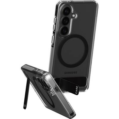 Dve prozorni telefonstski ohišji s krožnimi nosilci in stojali, ki prikazujeta zadnjo stran pametnega telefona s tremi objektivnimi lečami fotoaparata.