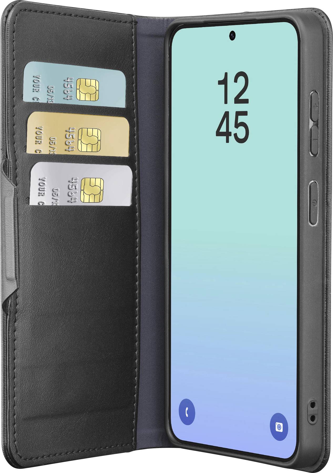 Pametni telefon v črnem primežu v slogu denarnice s tremi vidnimi režami za kreditne kartice na levi strani in digitalno uro, ki prikazuje '12:45' na zaslonu.