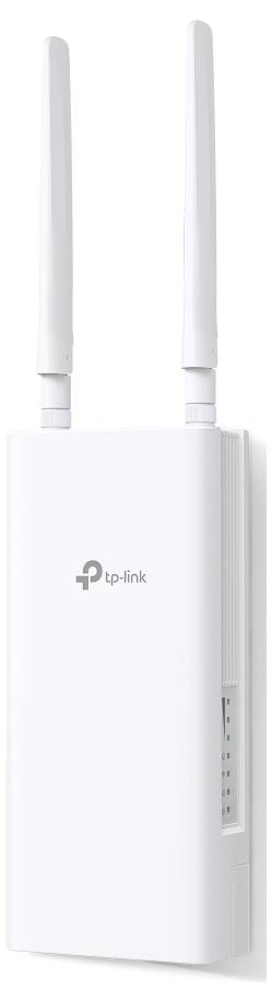 Bela zunanja brezžična dostopna točka TP-Link z dvema antenama, namenjena razširitvi pokritosti Wi-Fi, prikazana v navpični legi.