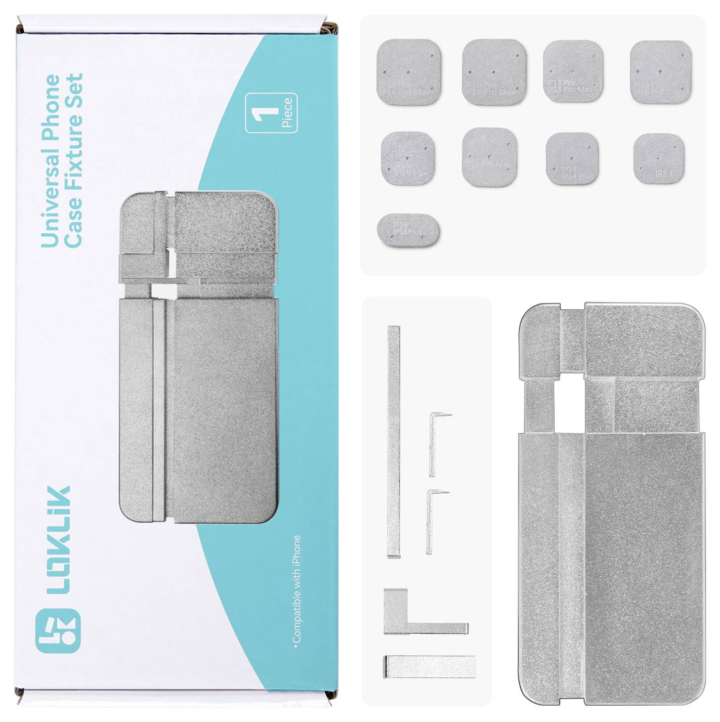 Embalaža »Universal Phone Case Fixture Set« s komponentami, vključno s fiksturno obliko in navodilnimi zavihki za sestavo etui za telefon.