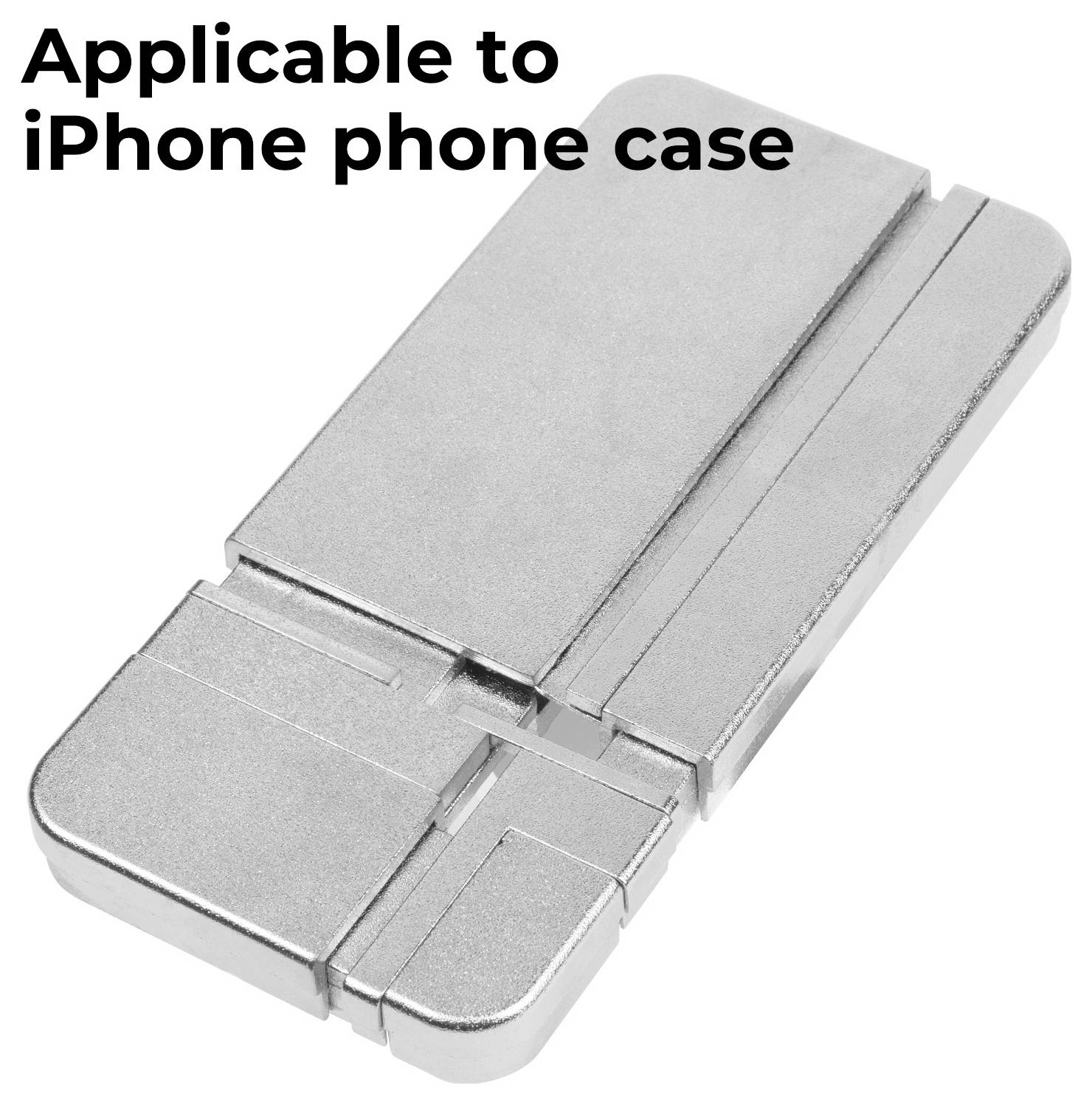 'Srebrni blok z vdolbinami in utori, označen kot primeren za ohišje telefona iPhone.'