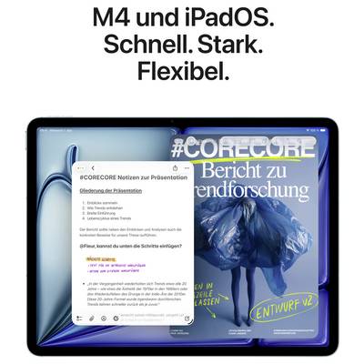 iPad prikazuje na levi strani aplikacijo za beležke s predstavitvenih zapiskov in na desni strani naslovnico revije z naslovom »Poročilo o raziskavah trendov«.