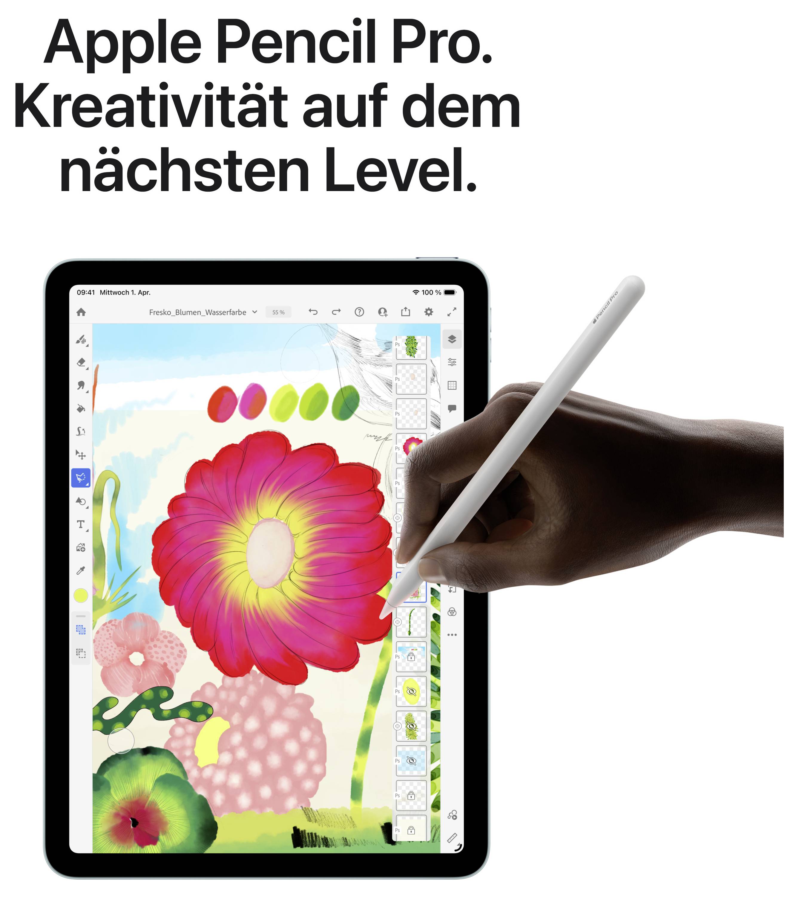 Roka s svinčnikom Apple Pencil riše barvito cvetlico na tablici. Besedilo zgoraj: "Apple Pencil Pro. Ustvarjalnost na naslednji ravni."