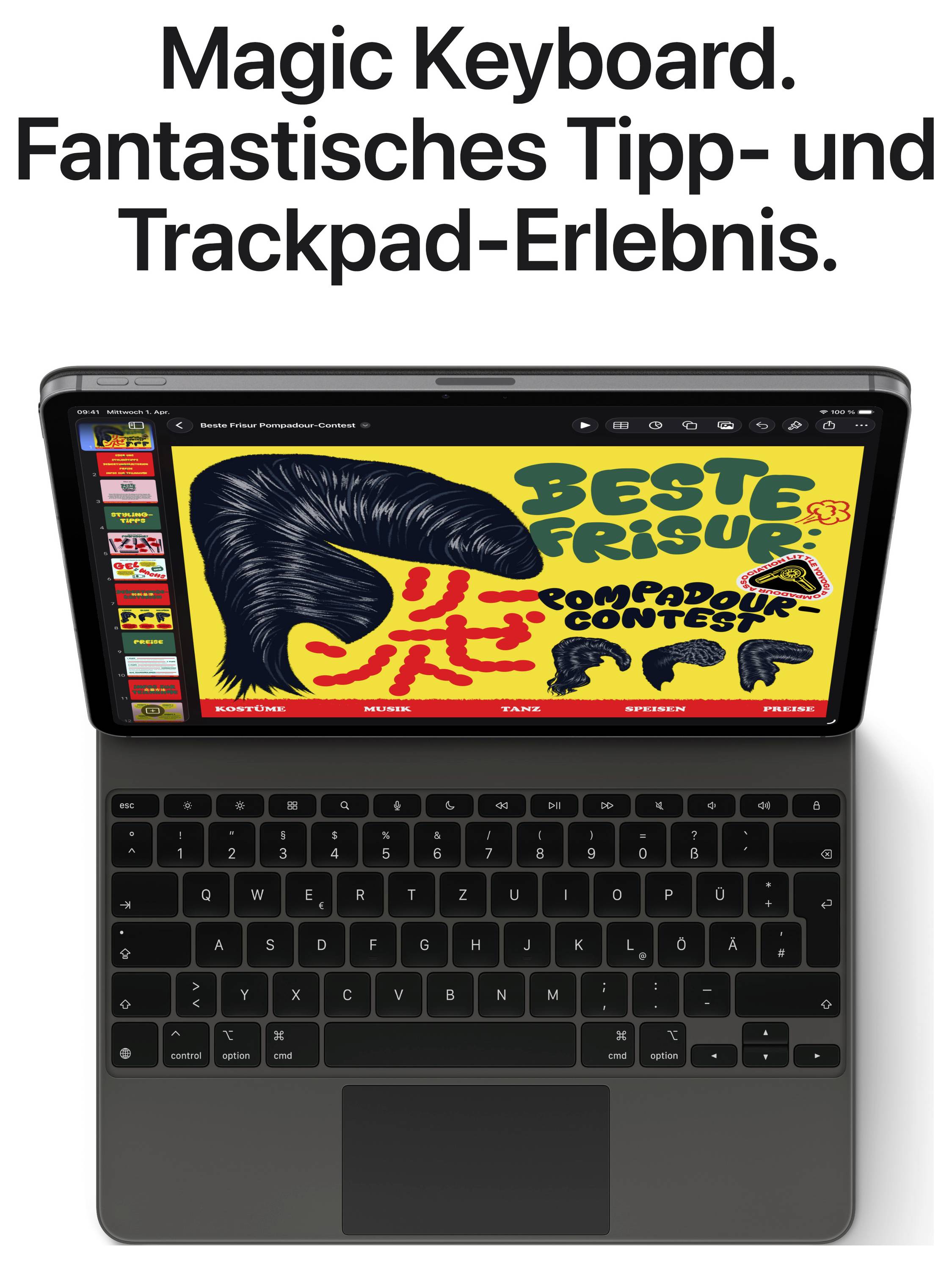 Tablični računalnik s pritrjeno Magic Keyboard tipkovnico prikazuje barvit plakat na zaslonu. Besedilo zgoraj: 'Magic Keyboard. Fantastično doživetje pisanja in sledilne ploščice.'