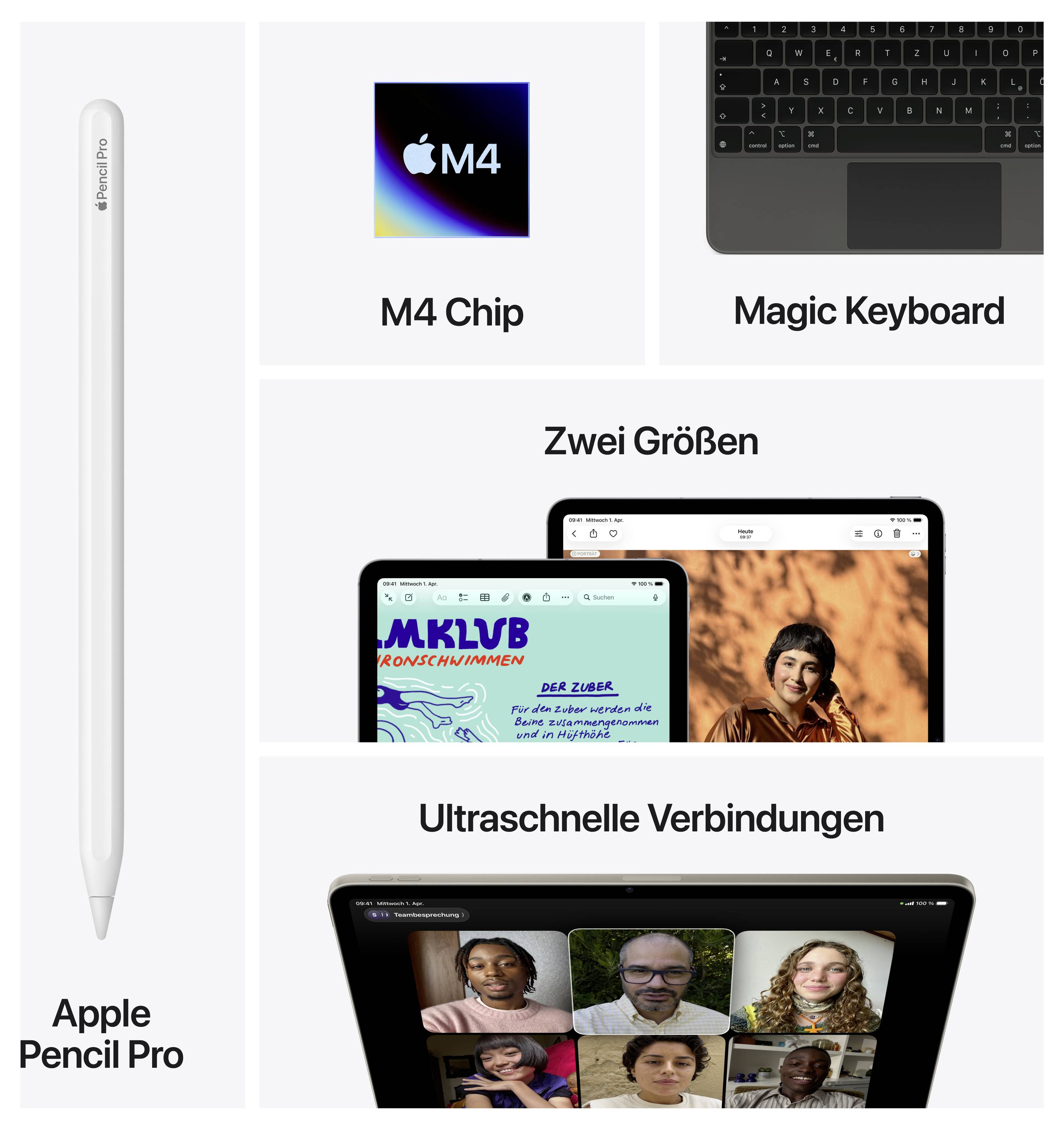 Predstavljeni so Apple-proizvodi: »Apple Pencil Pro«, »M4 čip«, »Magic Keyboard«. Tablice v dveh velikostih s črtezno hitri povezavo.