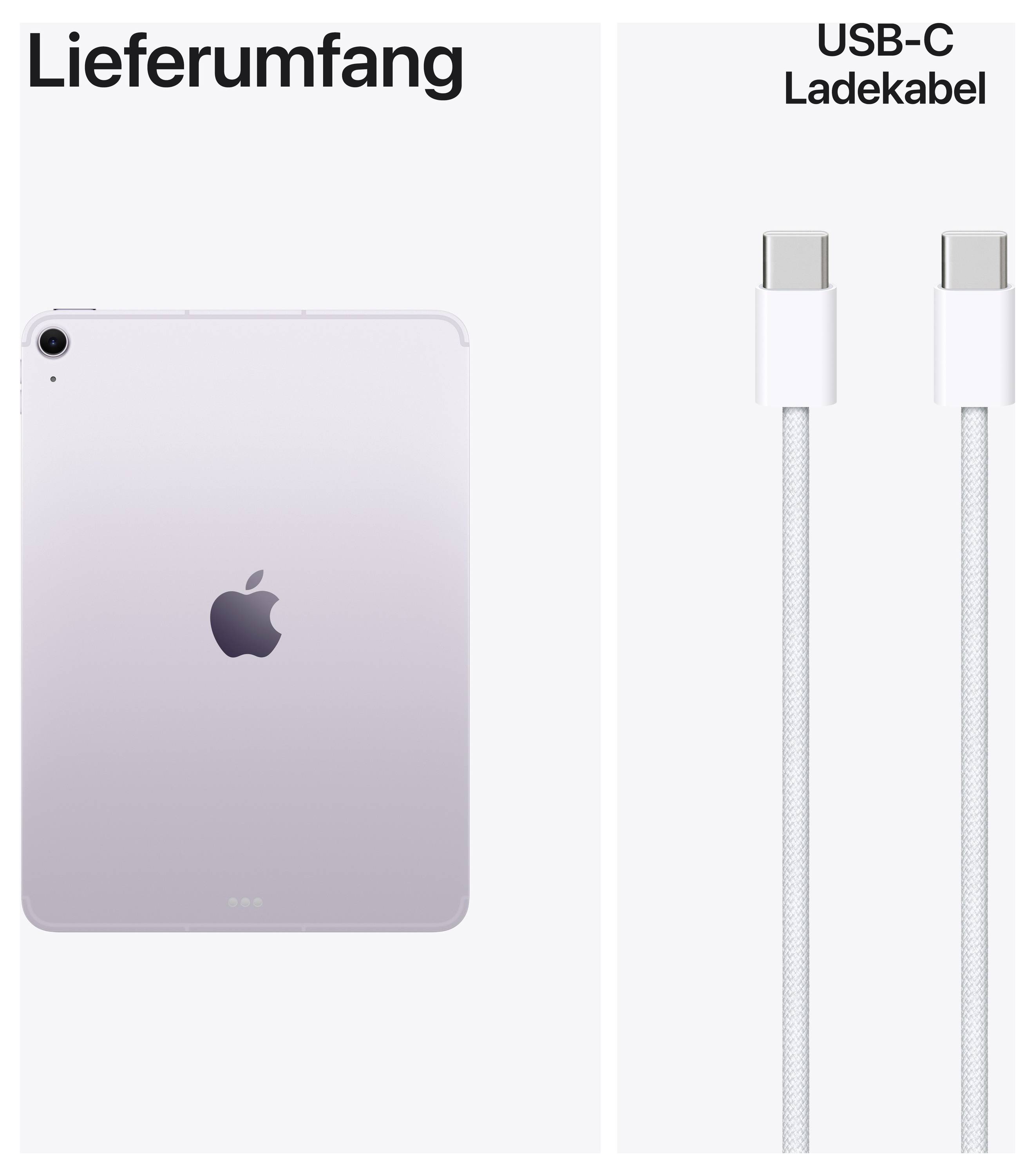 Obseg dobave: hrbtna stran iPada in nabijalnik USB-C. iPad v barvi Spacesiva, minimalistični dizajn. Kabel ima priključek USB-C na obeh koncih.