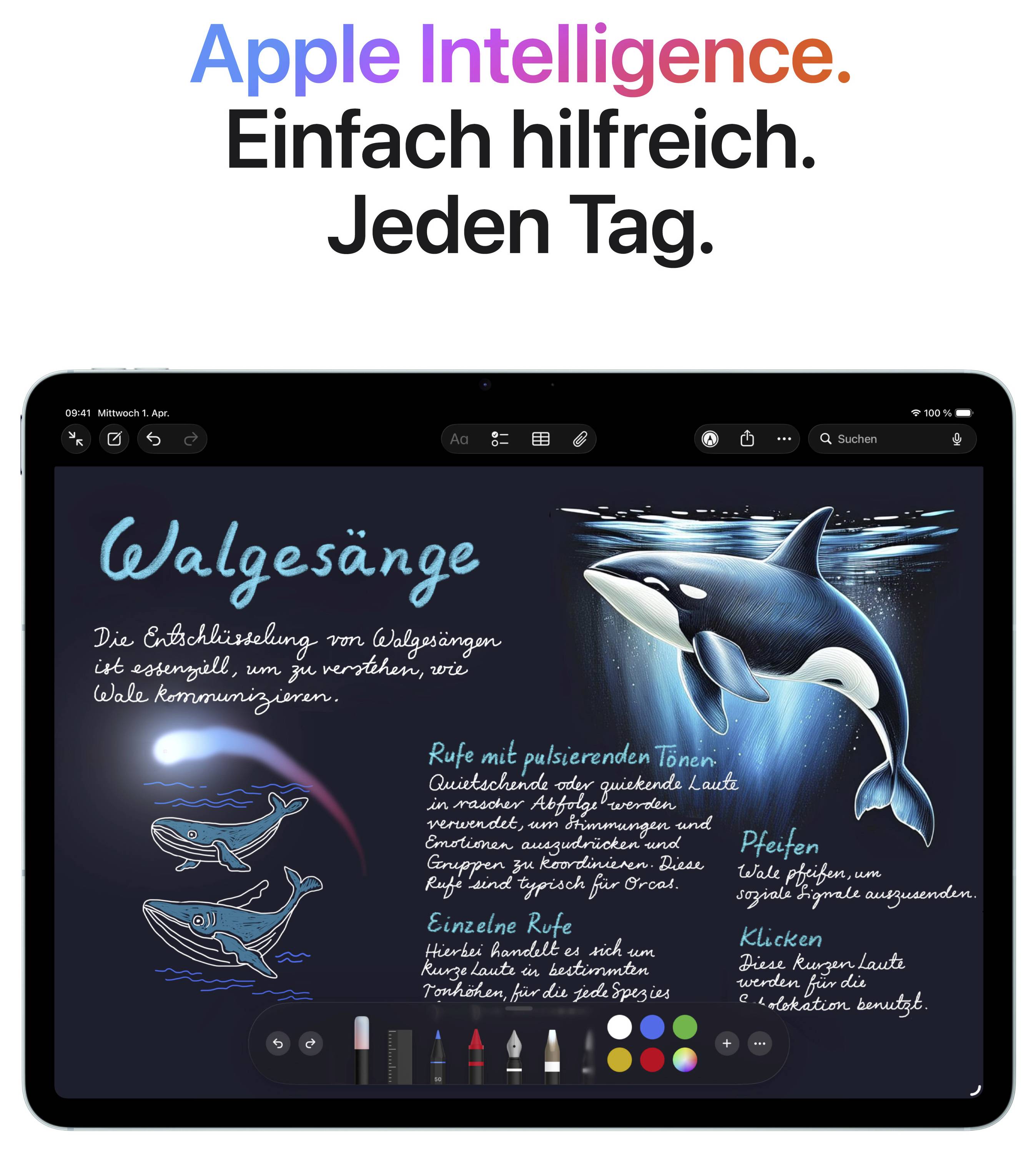 Tablet prikazuje aplikacijo z ilustracijami in besedilom o kitih. Na vrhu je napisano: "Apple Intelligence. Preprosto uporabna. Vsak dan."