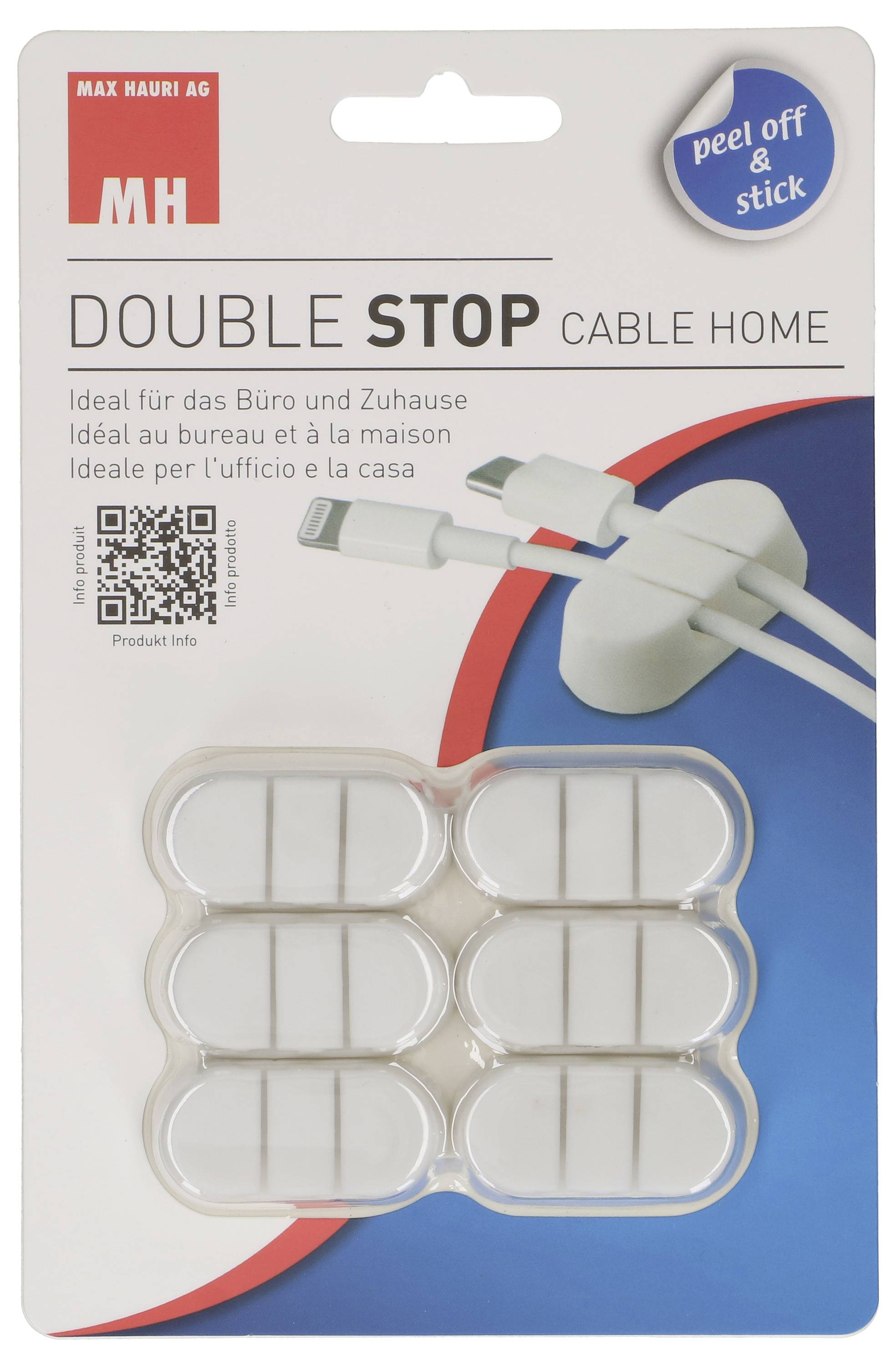 Embalaža izdelka »Double Stop Cable Home« z šestimi organizatorji za kable, zasnovanimi za pisarniško in domačo uporabo. Vključuje lepilni hrbet s peljem.