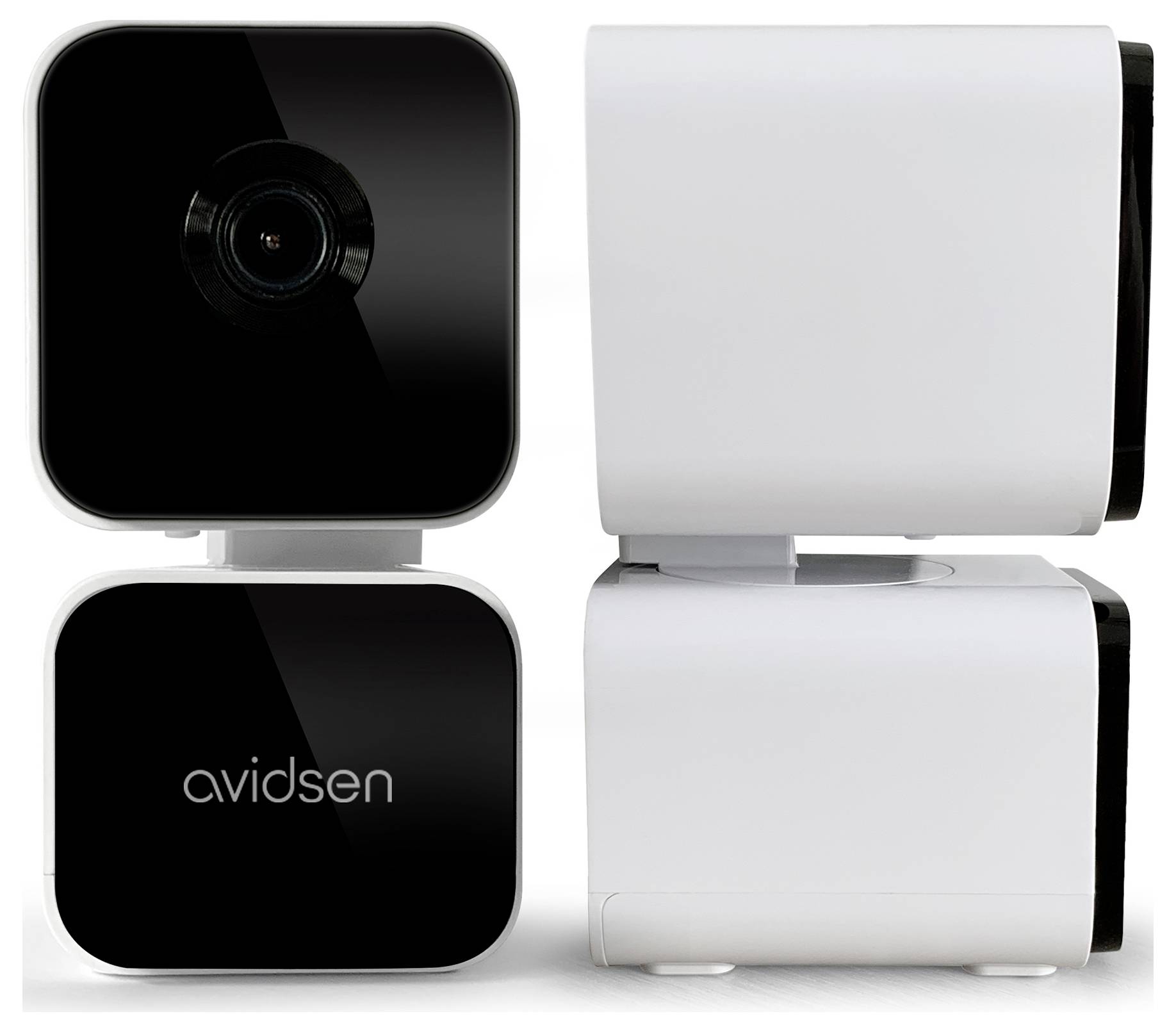Kompaktna, sodobna nadzorna kamera z oznako »avidsen«, prikazana s sprednje in stranske strani, z elegantnim črno-belim dizajnom.