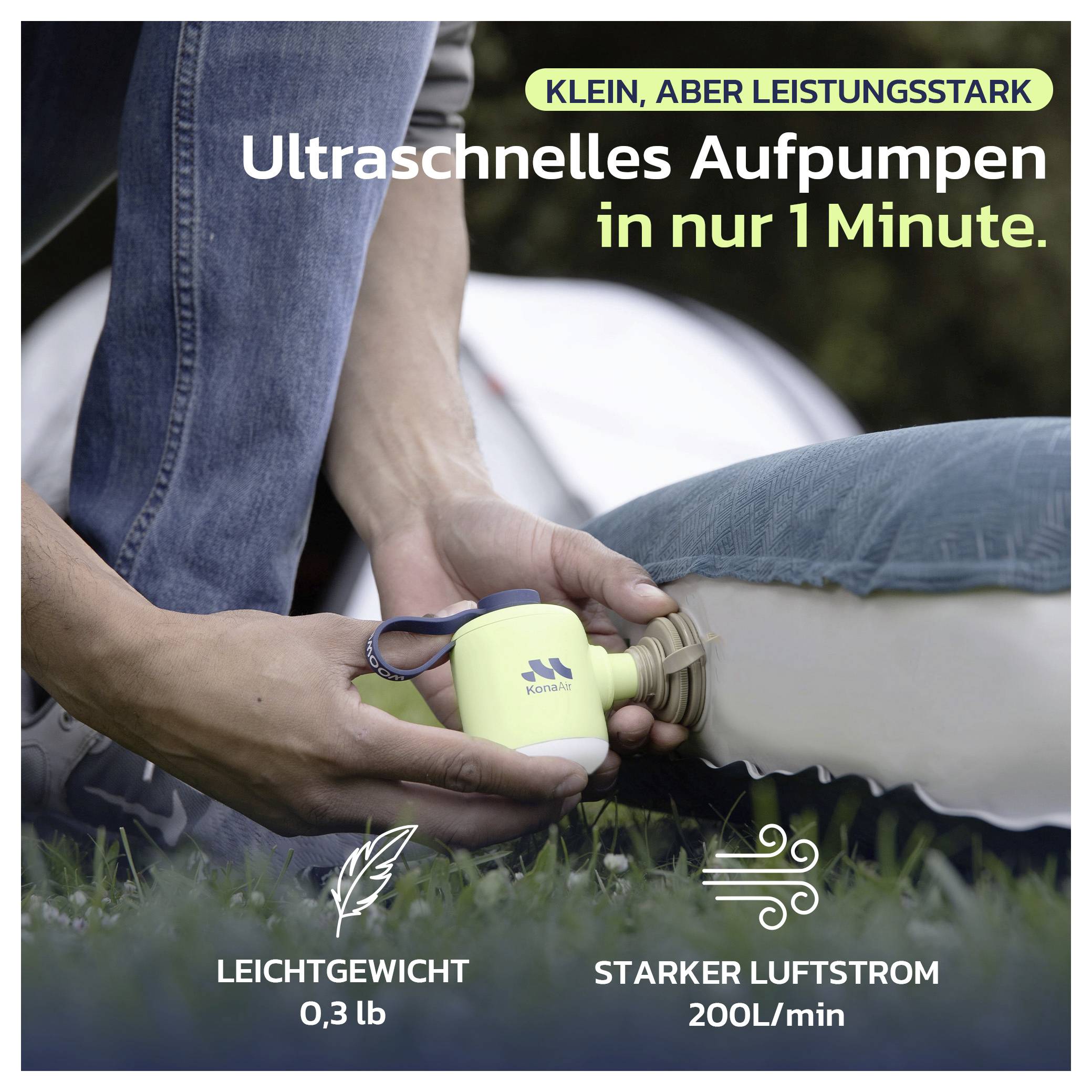 Oseba, ki uporablja majhen prenosni zračni črpalko za napihnitev naduvljive predmete; nemško besedilo pravi 'ultrahitra napihovanje v 1 minuti,' lahka 0,3 kg, pretok zraka 200 L/min.