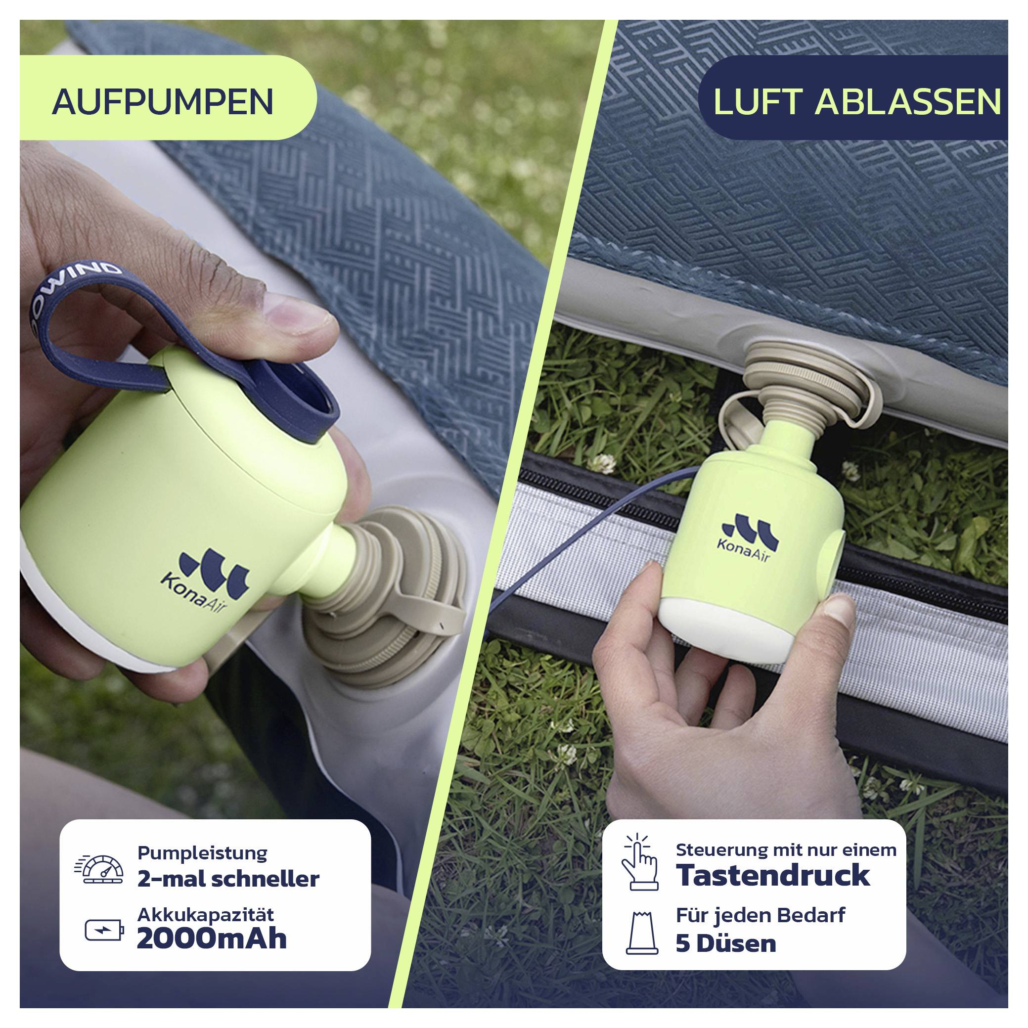 Slika izdelka s podeljenim zaslonom, ki prikazuje prenosno električno črpalko pri napumpavanju in praznjenju zraka iz zračnega ležalnika; nemške oznake se glasi »AUFPUMPEN« in »LUFT ABLASSEN«.