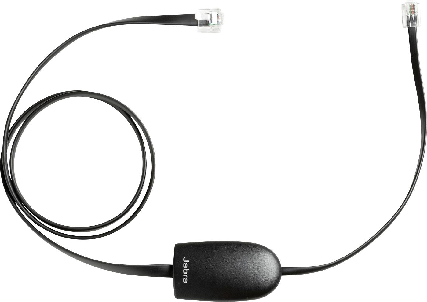 Črn kabel za slušalke Jabra s priključki na obeh koncih, namenjen za povezovanje telekomunikacijskih naprav.