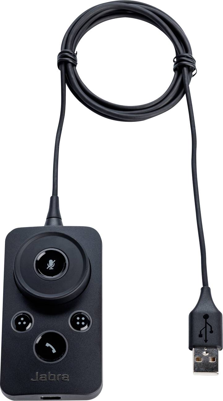 Pravokotna USB naprava za nadzor klicev s tipkami za utišanje, klice in glasnost. Spiralasti kabel se razteza od naprave do USB priključka.