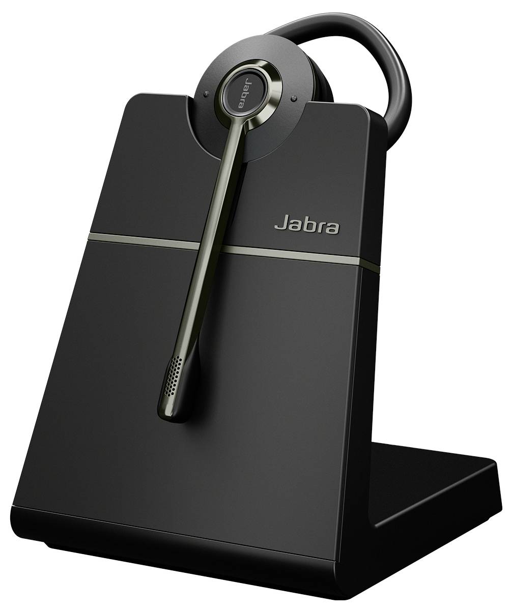 Brezžične Jabra slušalke na polnilnem stojalu, z elegantnim črnim dizajnom in vidnim logotipom, kar označuje tehnološki dodatek.