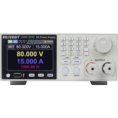 Sprednji pogled napajalne enote VOLTCRAFT VSPP-2030 z enosmerno napetostjo s prikazano nastavljeno izhodno napetostjo 80.000 V in 15.000 A, z prikazano močjo 1200.00 W.